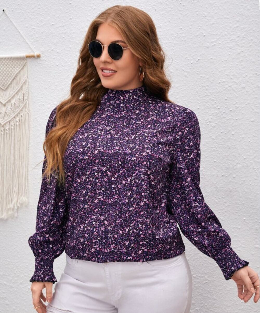 SHEIN Black Long Sleeved Mock Neck Blouse with Pink & Purple Floral Print Medium